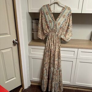Zury Silk Blend Paisley Double V-Neck Empire Waist Tasseled Tiered Maxi Dress OS